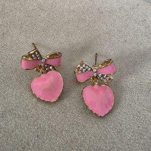 Gold with Pink Enamel Bow with Heart Dangle Earrings